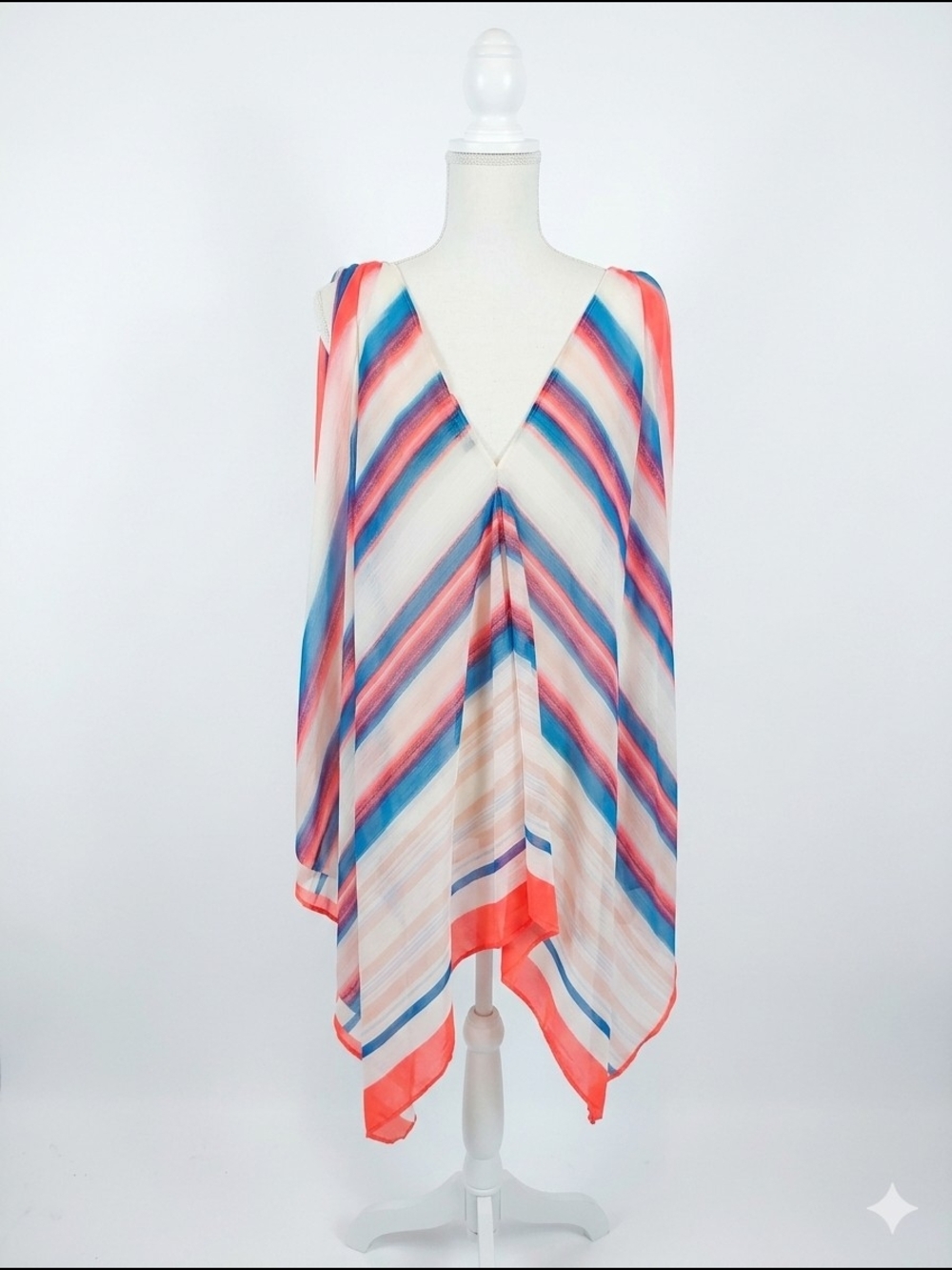 Dkny Coral, Blue & White Striped V-Neck Swim Cover-Up‎